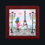 Woman with Balloon In Paris Gift Box Eiffel Tower<br><div class="desc">Pretty Woman and Pink Heart Balloon - I Love Paris - Eiffel Tower Romantic Drawing - Choose / Add Your Unique Text / Font / Colour - Make Your Special Gift - Resize and move or remove and add elements - Image / text with customization tool ! - Drawing and...</div>