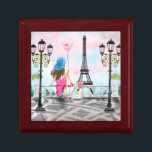 Woman with Balloon In Paris Gift Box Eiffel Tower<br><div class="desc">Pretty Woman and Pink Heart Balloon - I Love Paris - Eiffel Tower Romantic Drawing - Choose / Add Your Unique Text / Font / Colour - Make Your Special Gift - Resize and move or remove and add elements - Image / text with customization tool ! - Drawing and...</div>