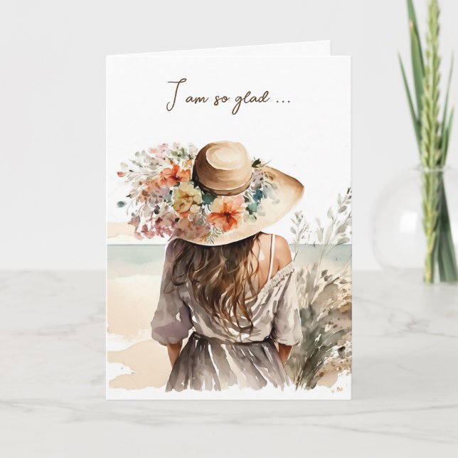 Woman With Beach Hat Birthday Card (Front)