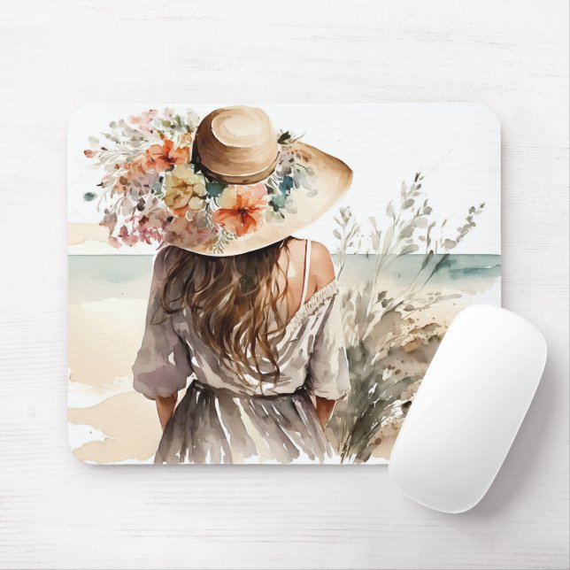 Woman With Beach Hat Mouse Pad (With Mouse)