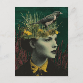 Woman With Bird on Her Head Mixed Media Collage Postcard