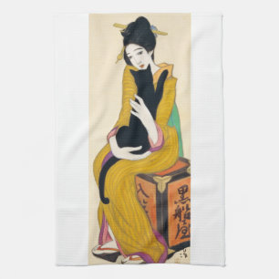 Woman with Black cat, Yumeji Takehisa Kitchen Towel
