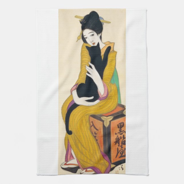 Woman with Black cat, Yumeji Takehisa Kitchen Towel (Vertical)