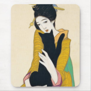 Woman with Black cat, Yumeji Takehisa Mouse Pad