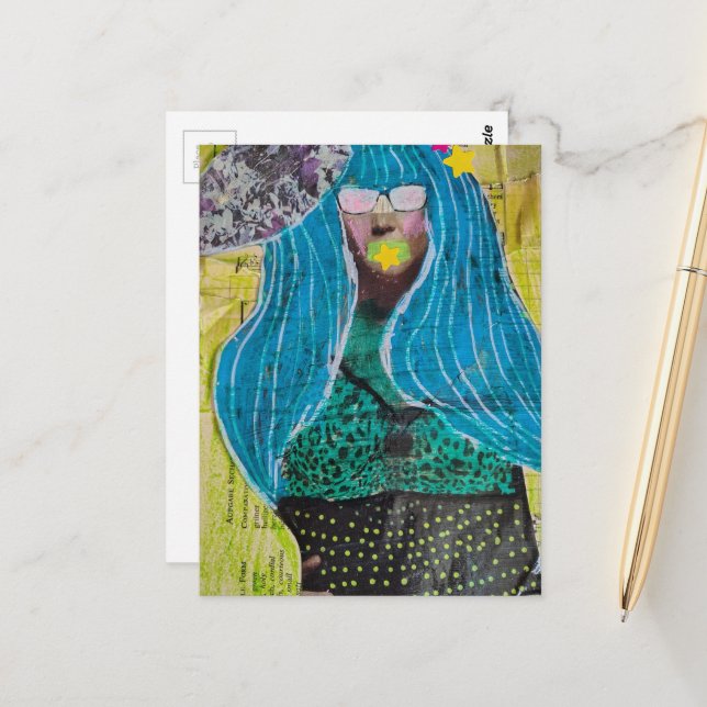 Woman With Blue Hair Mixed Media Collage Postcard (Front/Back In Situ)