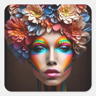 Woman with bright make-up and flowers crown square sticker
