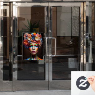 Woman with bright make-up and flowers crown window cling