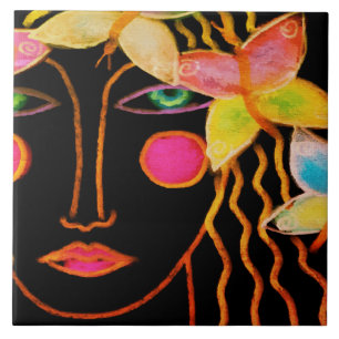 Woman with Butterflies Abstract Art Tile
