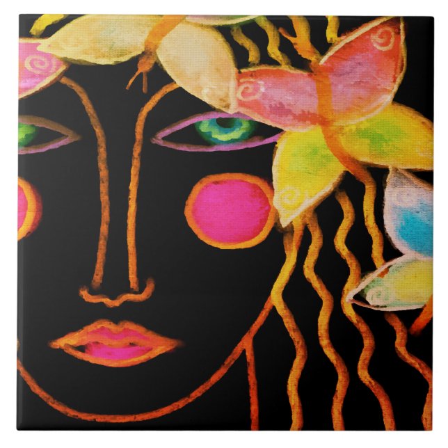 Woman with Butterflies Abstract Art Tile (Front)