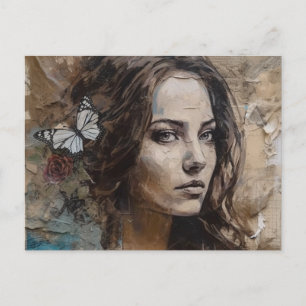 Woman With Butterflies Mixed Media Postcard