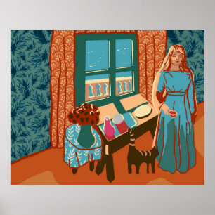 Woman with cat in house by the sea sunlight happy poster