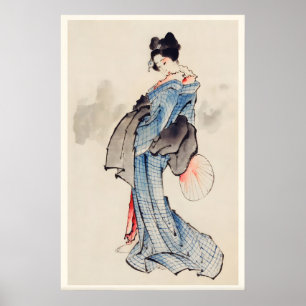 Woman With Check Design Kimono Japanese Fine Art Poster