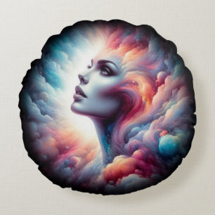 Woman with Cosmic Aura Hair Round Pillow