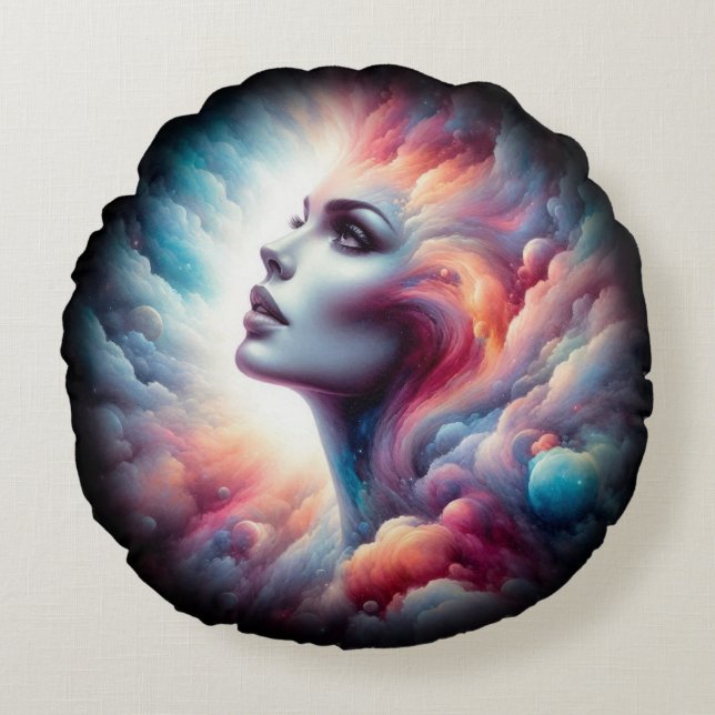Woman with Cosmic Aura Hair Round Pillow (Front)