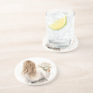 Woman With Daisy Bouquet Coaster