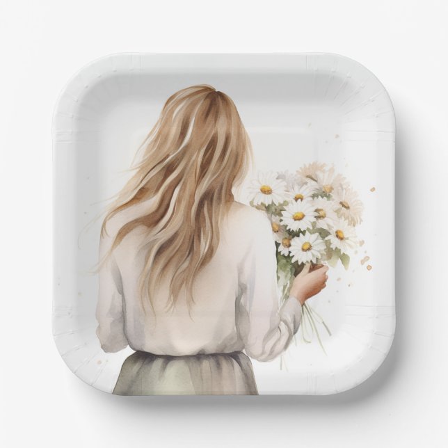 Woman With Daisy Bouquet Paper Plate (Front)