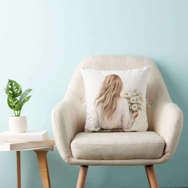 Woman With Daisy Bouquet Throw Pillow (Chair)