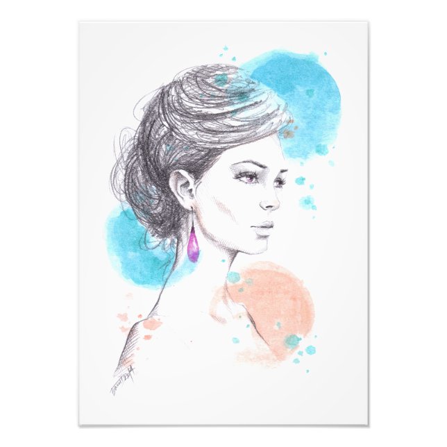 Woman with earring fashion illustration sketch photo print (Front)