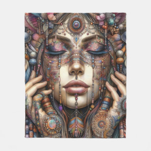Woman with Elaborate Tribal-Inspired Ornamentation Fleece Blanket