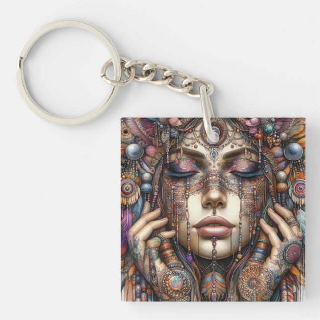 Woman with Elaborate Tribal-Inspired Ornamentation Keychain (Front)