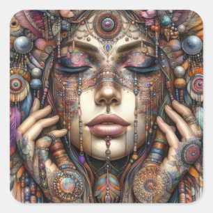 Woman with Elaborate Tribal-Inspired Ornamentation Square Sticker