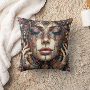 Woman with Elaborate Tribal-Inspired Ornamentation Throw Pillow