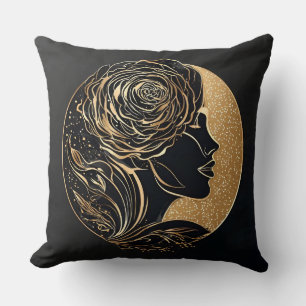 Woman with Floral and Cosmic Elements Throw Pillow