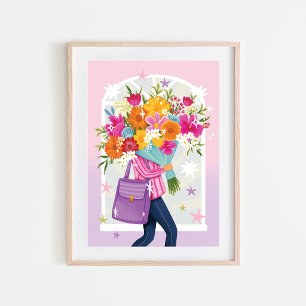 Woman with Floral Bouquet Colourful Illustration  Poster