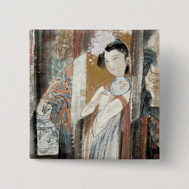 Woman with Floral Hairpin 2 Inch Square Button (Front)