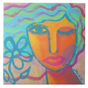 Woman with Flower 1 Original Abstract Art Tile