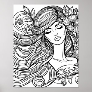 Woman with flower in hair line art colouring page poster