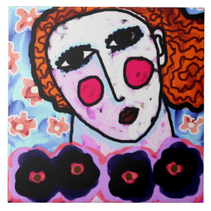 Woman with Flowers Abstract Digital Painting Tile