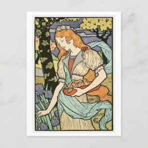 Woman with Flowers Art Deco Vintage Postcard