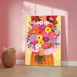 Woman with Flowers Colorful Illustration Lady Art Poster