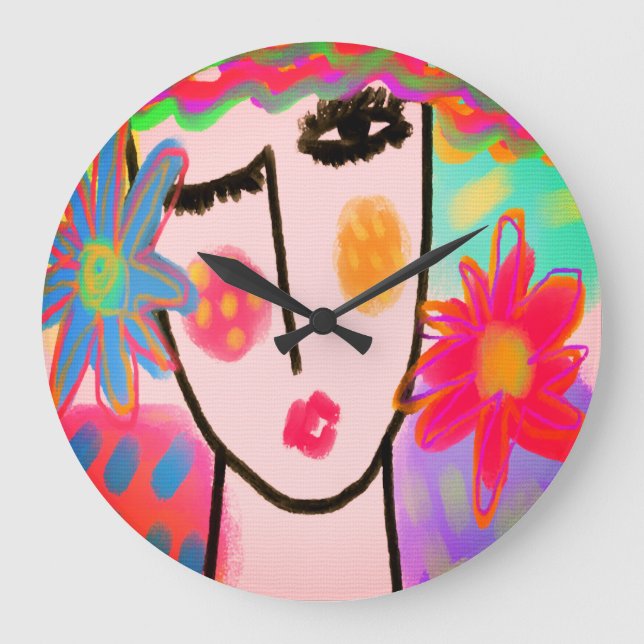 Woman with Flowers Funky Abstract Art Large Clock (Front)