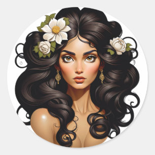 Woman with flowers in her hair. classic round sticker