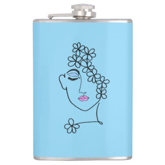 Woman With Flowers Line Art   Hip Flask