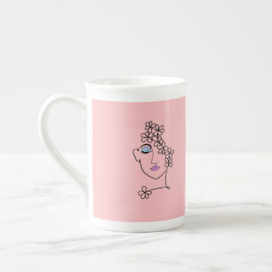 Woman With Flowers Line Art Pink Bone China Mug