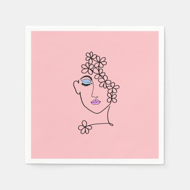 Woman With Flowers Line Art Pink Napkin (Front)