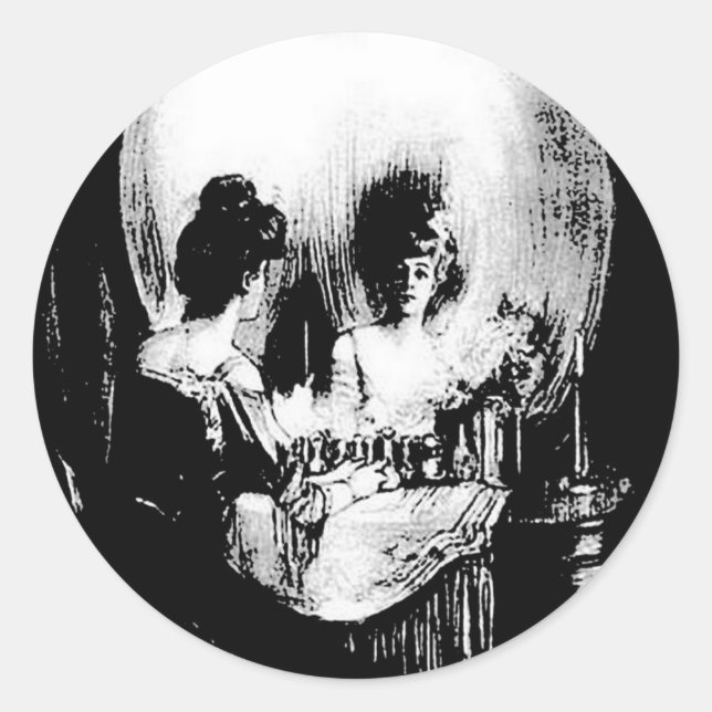 Woman with Halloween Skull Reflection In Mirror Classic Round Sticker (Front)