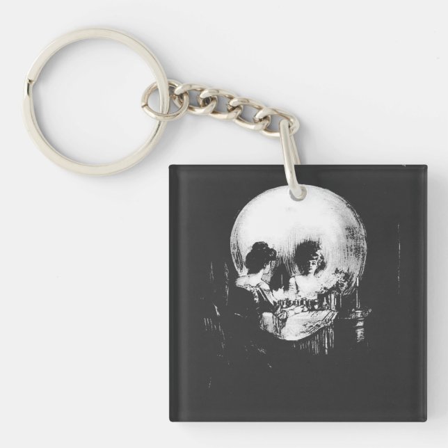 Woman with Halloween Skull Reflection In Mirror Keychain (Front)