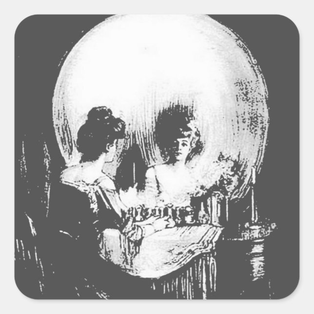 Woman with Halloween Skull Reflection In Mirror Square Sticker (Front)