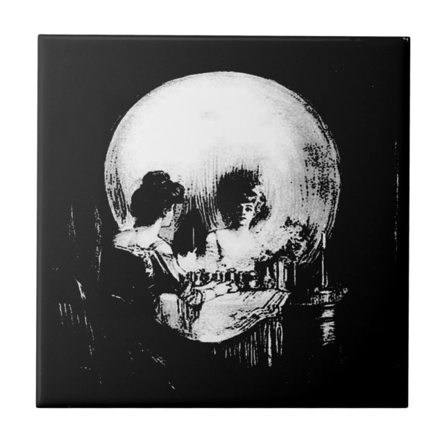 Woman with Halloween Skull Reflection In Mirror Tile (Front)
