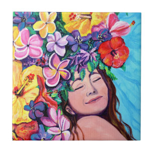Woman with Hawaiian Flowers Ceramic Tile