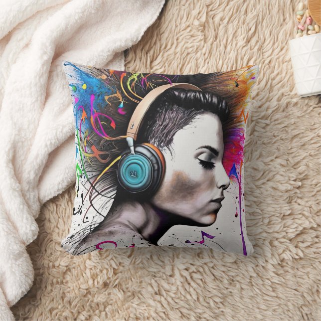 Woman with headphones throw pillow (Blanket)