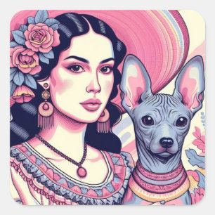 Woman with her Xolo Mexican Hairless Dog Square Sticker