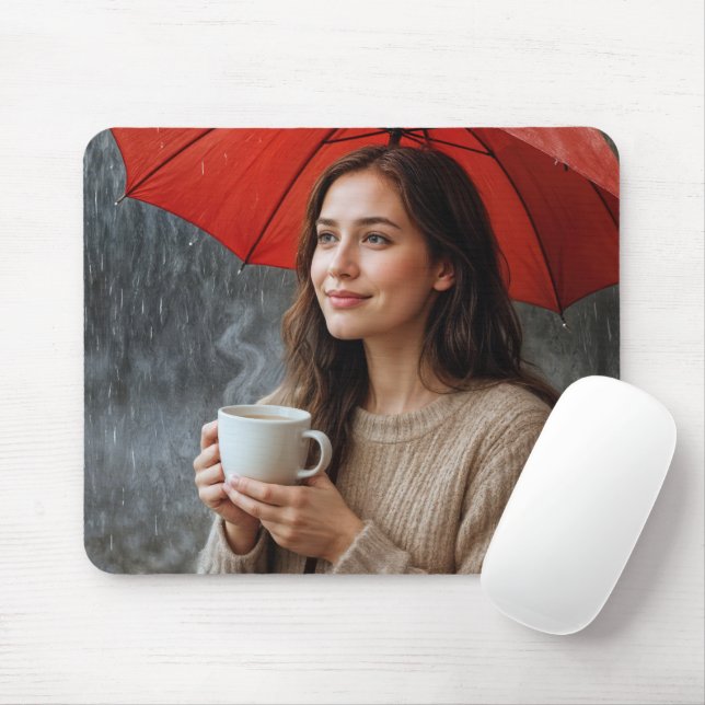 Woman With Hot Coffee Cup Under a Red Umbrella Mouse Pad (With Mouse)