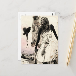 Woman with mushrooms surreal collage postcard