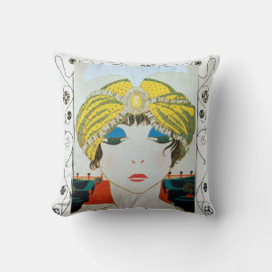 WOMAN WITH ORIENTAL YELLOW TURBAN / Beauty Fashion Throw Pillow