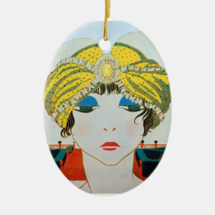 WOMAN WITH ORIENTAL YELLOW TURBAN / BLUE SAPPHIRE CERAMIC ORNAMENT